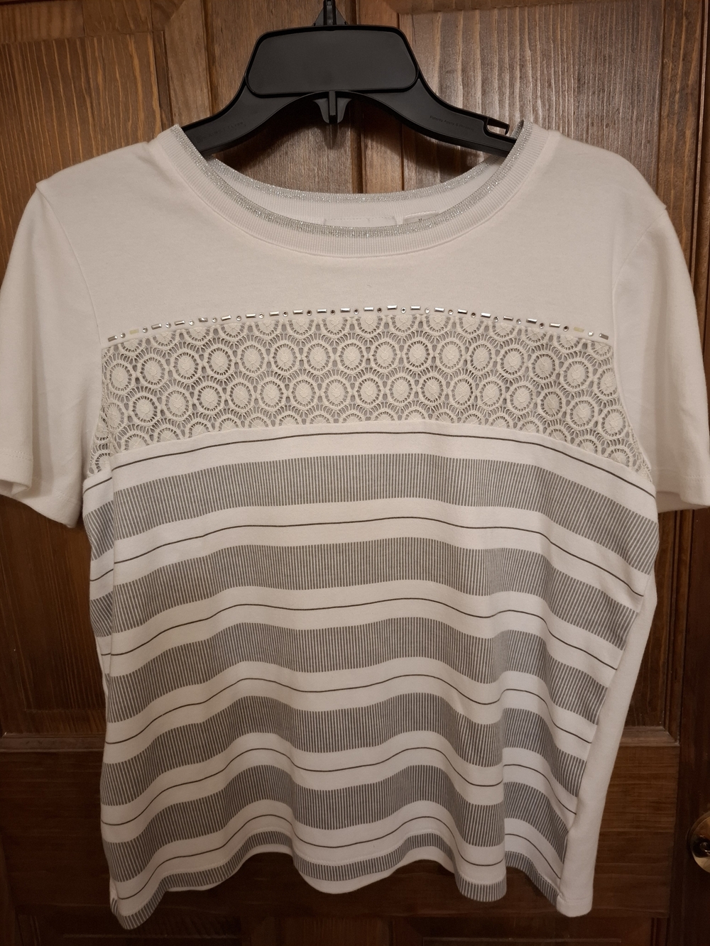 Alfred Dunner White Tee with Gray Stripes & Lace Yoke Detail